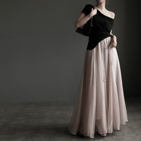 sheer drawstring long flare skirt　MA1950