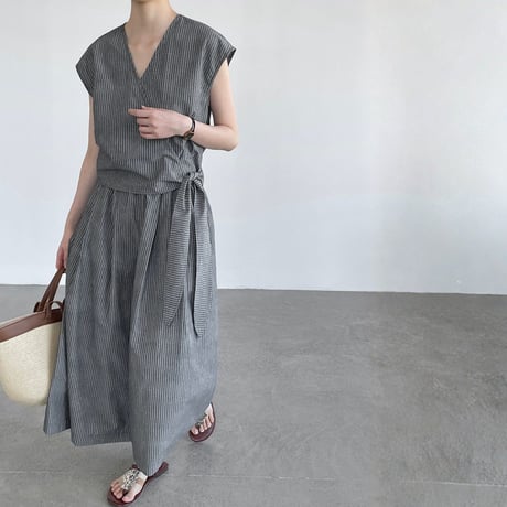 stripe cachecoeur sleeveless tops wide pants setup　MA1962