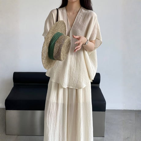 sheer linenlike v neck wide pants setup　MA1979