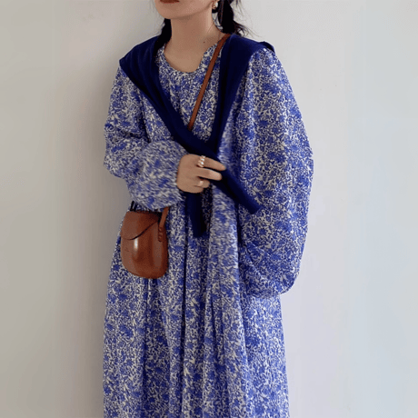 blue floral long dress　MA1460