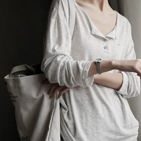 side drawstring sheer henley neck cutsew　MA1946