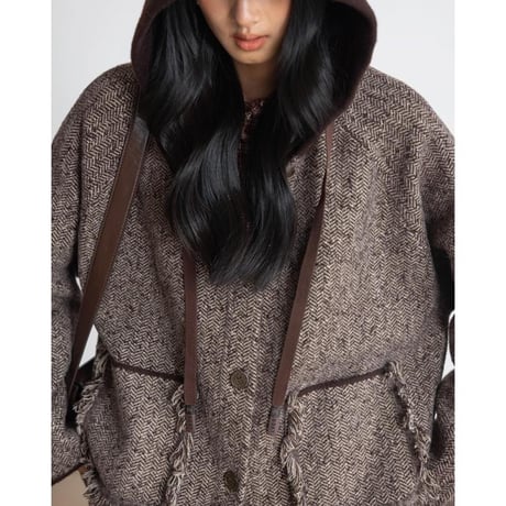 fringe pocket hooded tweed jacket　MA1146