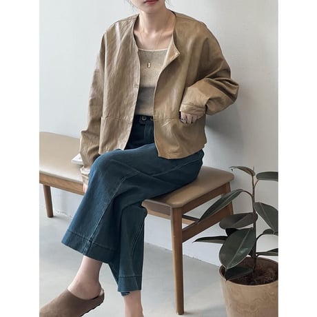 faux leather collarless short jacket　MA1149