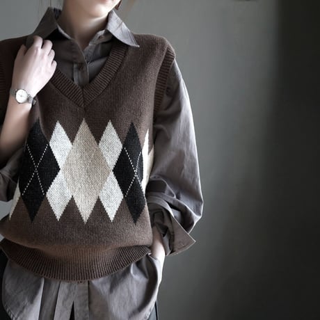 argyle knit v neck vest　MA1858