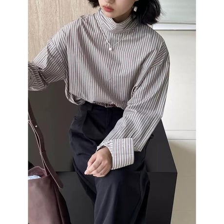 high neck design striped blouse　MA1179