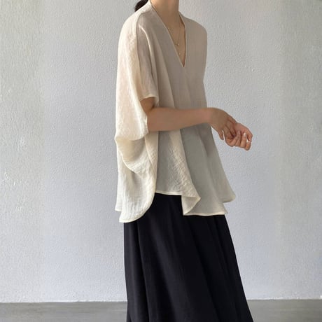 sheer linenlike v neck wide pants setup　MA1979