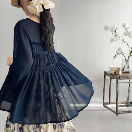 sheer gather ribbon blouse　MA1965