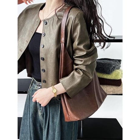 collarless faux leather button jacket　MA1144