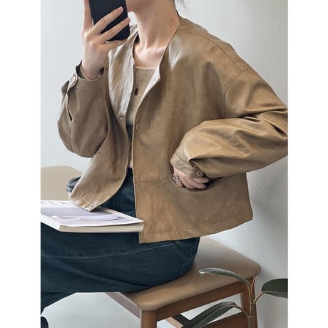 faux leather collarless short jacket　MA1149