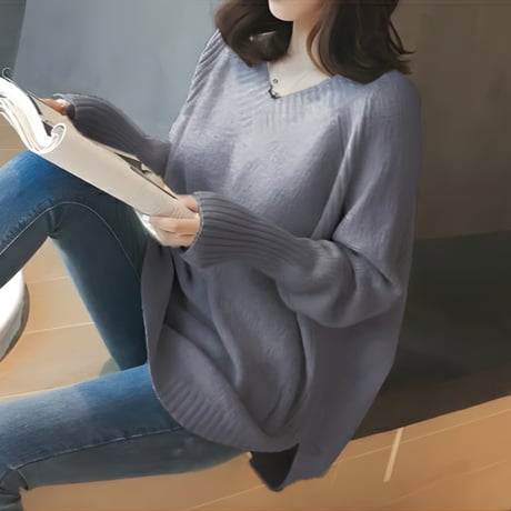 【即納】side slit loose knit pullover　MA1691