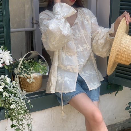 resort like apricot flower embroidery blouse　MA1840