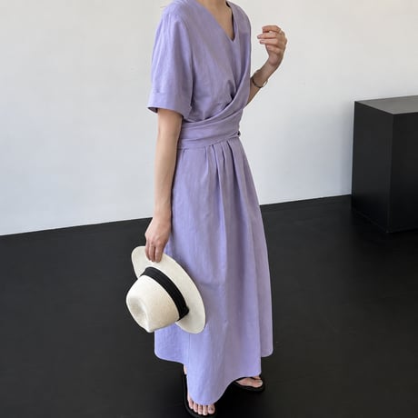 v neck cache coeur waist ribbon long one piece/2color　MA1992