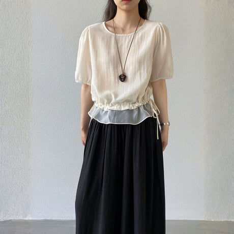 sheer layered drawstring puff sleeve blouse　MA1976
