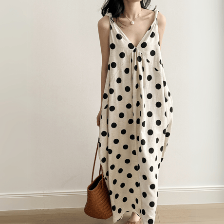 polka dot flare linen dress　MA1573