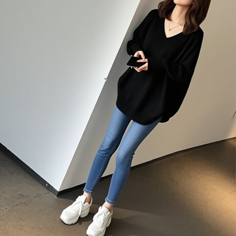 【即納】side slit loose knit pullover　MA1691