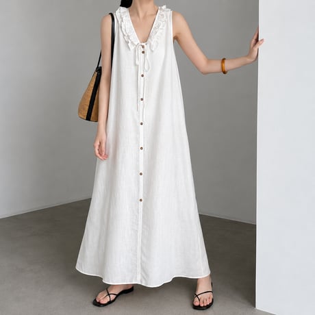 frill collar ribbon sleeveless onepiece/2color　MA1987
