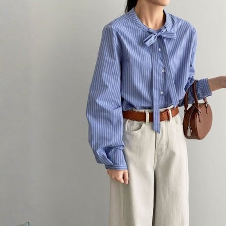 stripe ribbon tie blouse　MA1765