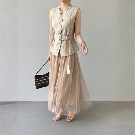 belted sleeveless vest tulle skirt setup　MA1980