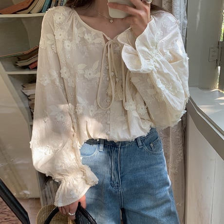 resort like apricot flower embroidery blouse　MA1840