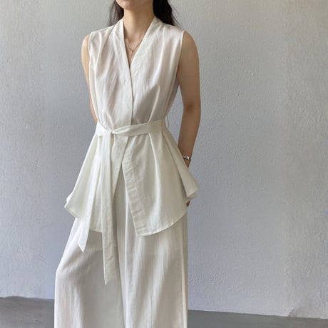 belted sleeveless gilet wide pants setup　MA1981
