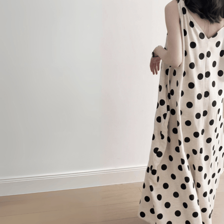 polka dot flare linen dress　MA1573