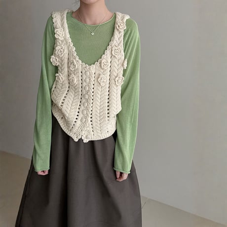 sheer roll hem knit long sleeve top　MA1869