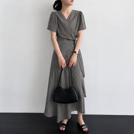 v neck check waist ribbon onepiece　MA1990