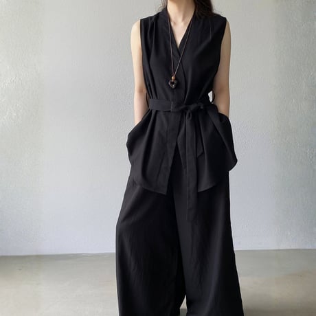 belted sleeveless gilet wide pants setup　MA1981