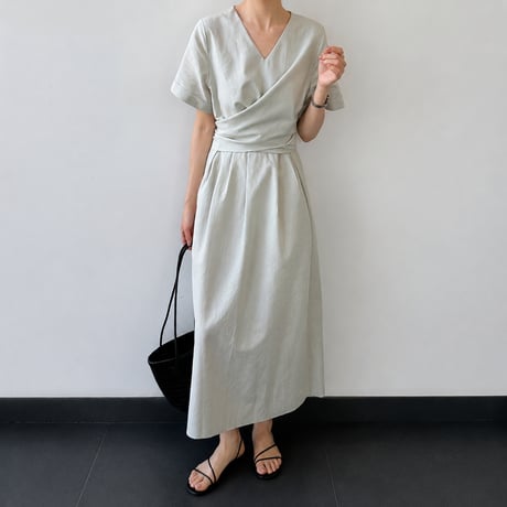v neck cache coeur waist ribbon long one piece/2color　MA1992
