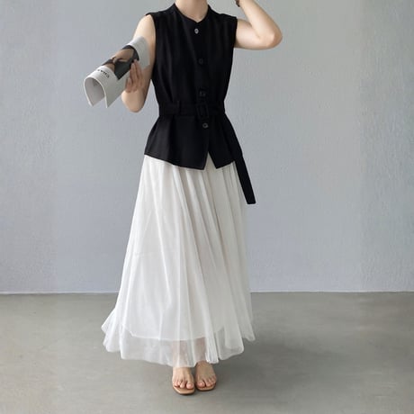 belted sleeveless vest tulle skirt setup　MA1980
