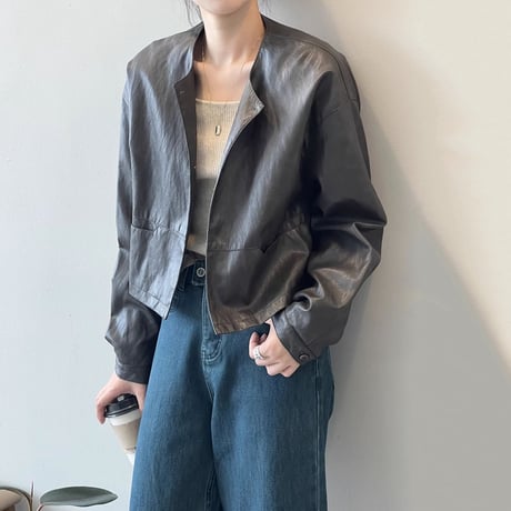 faux leather collarless short jacket　MA1149