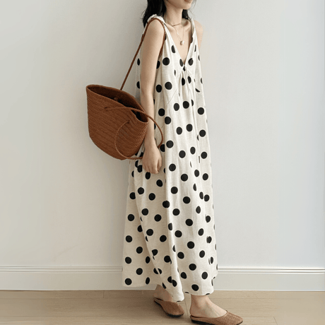 polka dot flare linen dress　MA1573