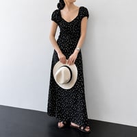 flower square neck puff sleeve waist mark long one piece　MA1991