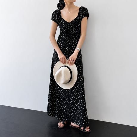 flower square neck puff sleeve waist mark long one piece　MA1991