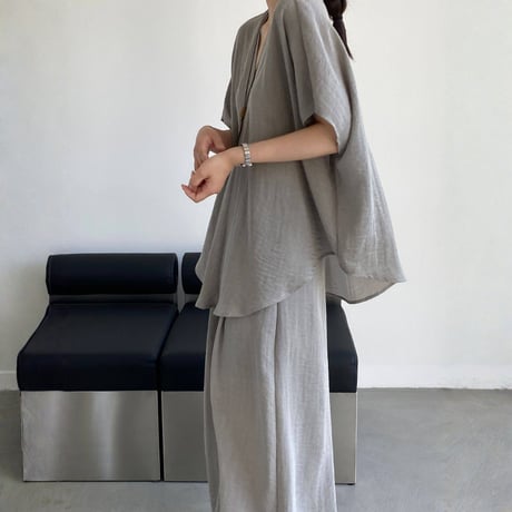 sheer linenlike v neck wide pants setup　MA1979
