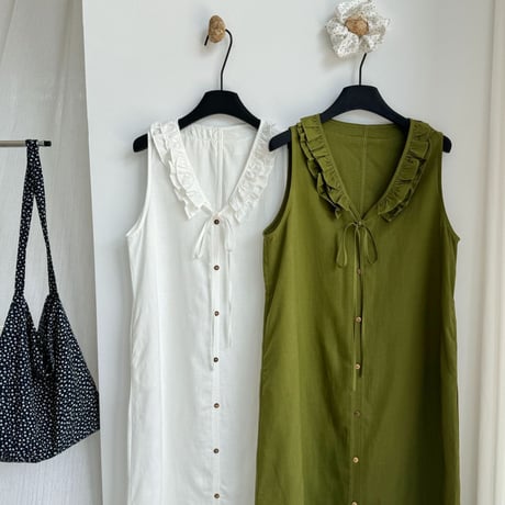 frill collar ribbon sleeveless onepiece/2color　MA1987
