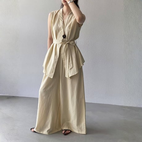belted sleeveless gilet wide pants setup　MA1981