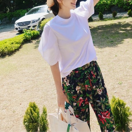 white lantern sleeve round neck t　MA1958