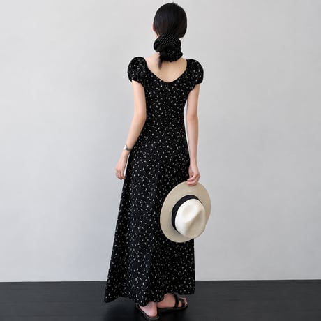 flower square neck puff sleeve waist mark long one piece　MA1991