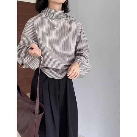 high neck design striped blouse　MA1179
