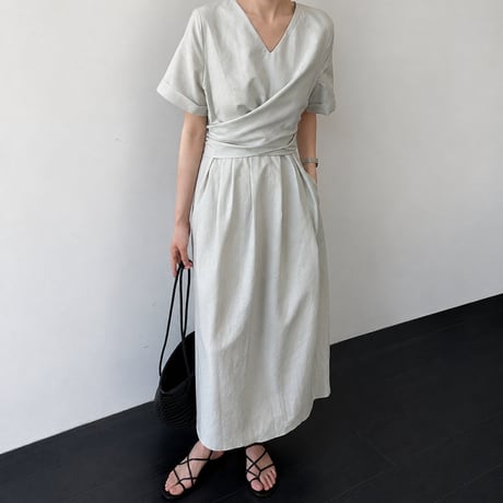 v neck cache coeur waist ribbon long one piece/2color　MA1992