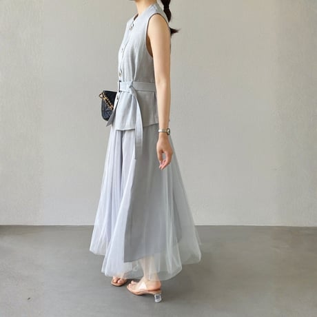belted sleeveless vest tulle skirt setup　MA1980