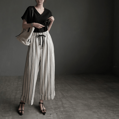 relaxed stripe linen cropped wide leg pants　MA1953