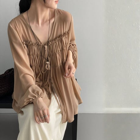 sheer gather ribbon blouse　MA1965