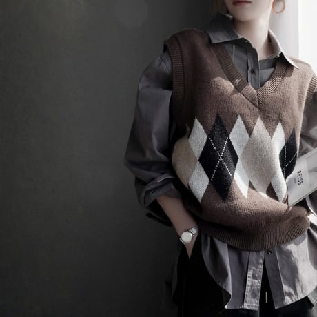 argyle knit v neck vest　MA1858