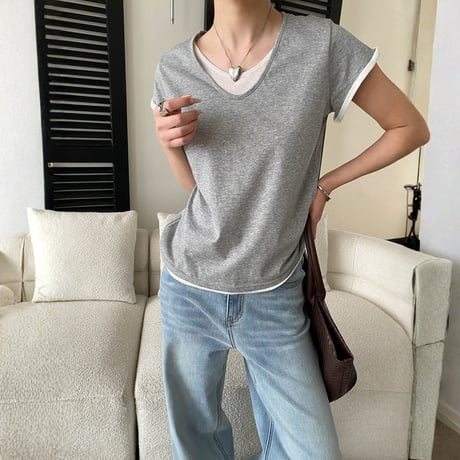 fake layered v neck short sleeve t　MA1955