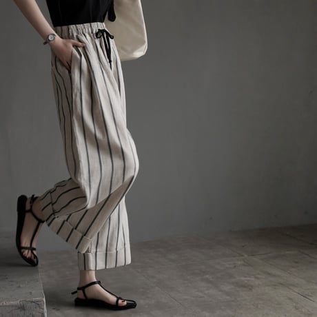 relaxed stripe linen cropped wide leg pants　MA1953