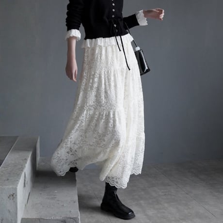 embroidered lace midi flare skirt　MA1831