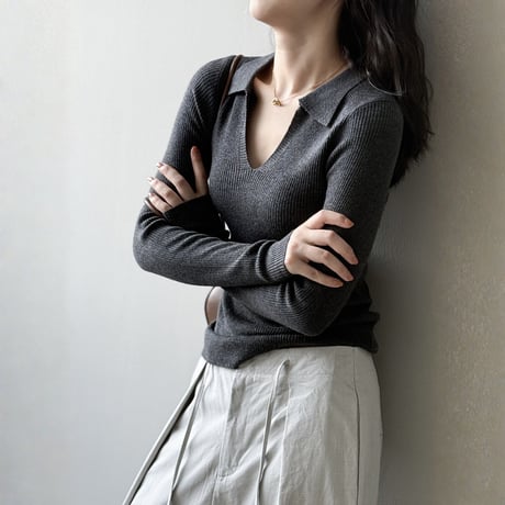 deep v-collar rib knit top　MA1654