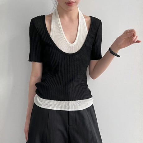 fake layered halter neck knit tops　MA1956
